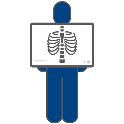 Blue and white icon of person holding x-ray