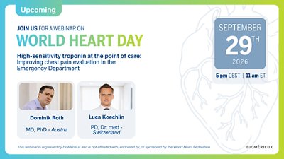 Webinar visual for World Heart Day on high-sensitivity troponin at the point of care and chest pain evaluation, featuring Dominik Roth and Luca Koechlin.