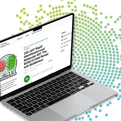 Visual of a laptop displaying a BioMérieux podcast episode focused on infectious diseases, highlighting rapid identification and molecular antimicrobial susceptibility testing (AST). The interface shows a clinical microbiology discussion with listening platforms (Apple Podcasts, Spotify, Amazon Music), set against a green and blue dotted medical background.