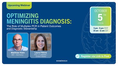 Webinar visual on optimizing meningitis diagnosis and the role of multiplex PCR in patient outcomes and diagnostic stewardship, featuring Matthias Klein and Laura Filkins.