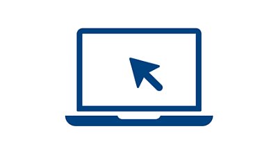 Blue and white icon of a mouse moving on a laptop screen. 
