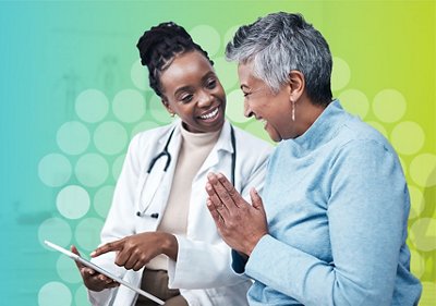 Against a graident blue and green background, a doctor and patient look at a clipboard together, smiling and viewing respiratory results. 