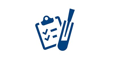 Blue and white icon of a clipboard with a checklist and a test tube with a syringe. 