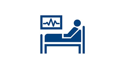 Blue and white icon of person in hospital bed with heart rate monitor behind them 