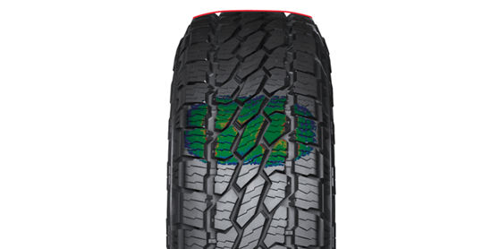 Illustration of all-terrain tyre profile, optimised contact patch and increased skid depth.