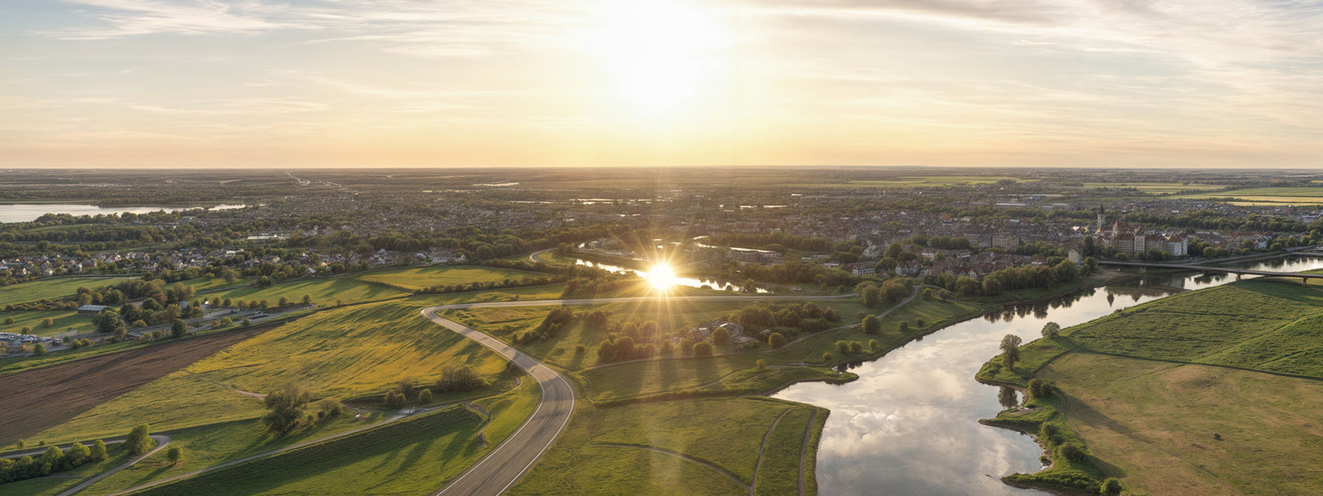 This image shows a bird's-eye view of a picturesque landscape with a city in the distance and a winding empty road. 