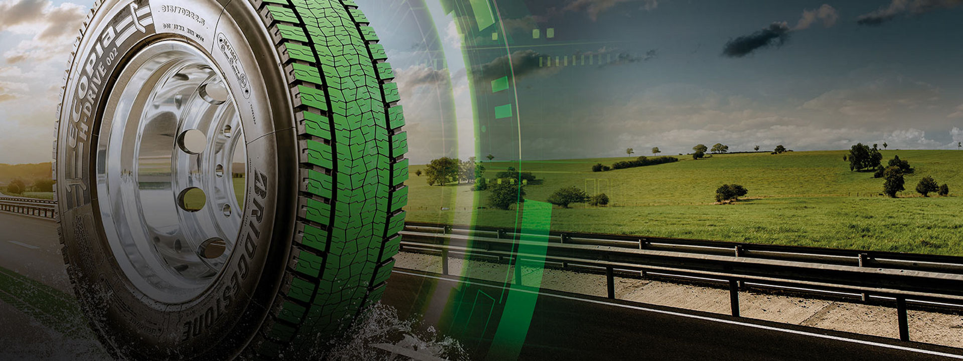 This thumbnail image shows a packshot of the Bridgestone Ecopia H002 travelling on a highway. 