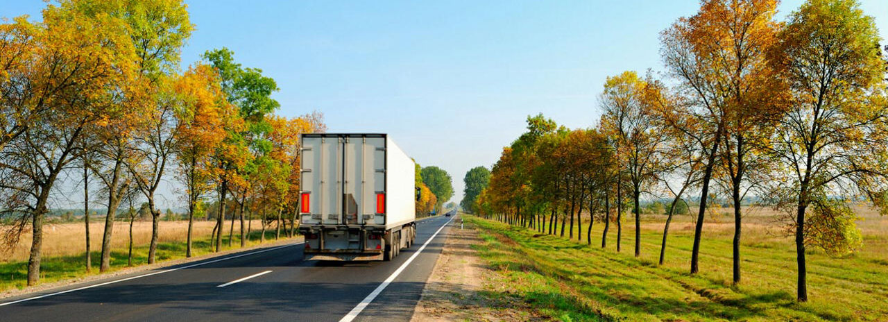 Dette bildet viser en naturskjønn vei og en lastebil som kjører på veien med Bridgestone allsidig dekk.