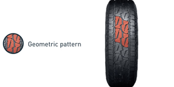 Dueler AT 001 contains a geometric pattern to provide outstanding traction