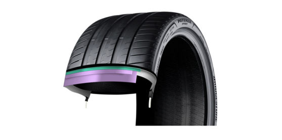 This image shows the asymmetrical tread pattern and optimised carcass of the Bridgestone Potenza Sport.