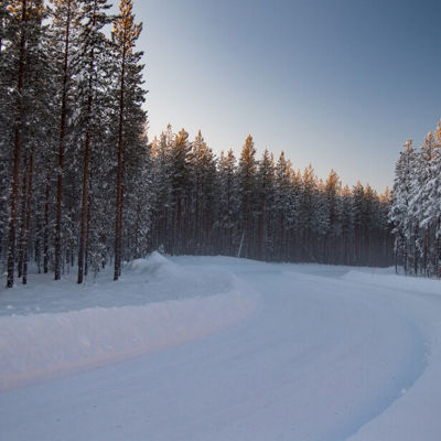 Lumipeitteinen talvinen tie mutkittelee puiden välissä