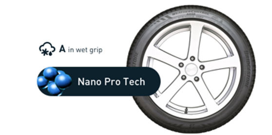 Esta imagem mostra que o pneu Weather Control A005 DriveGuard (um pneu para todas as condições meteorológicas) obteve a classificação “A” da UE, porque utiliza a tecnologia NanoPro-Tech™