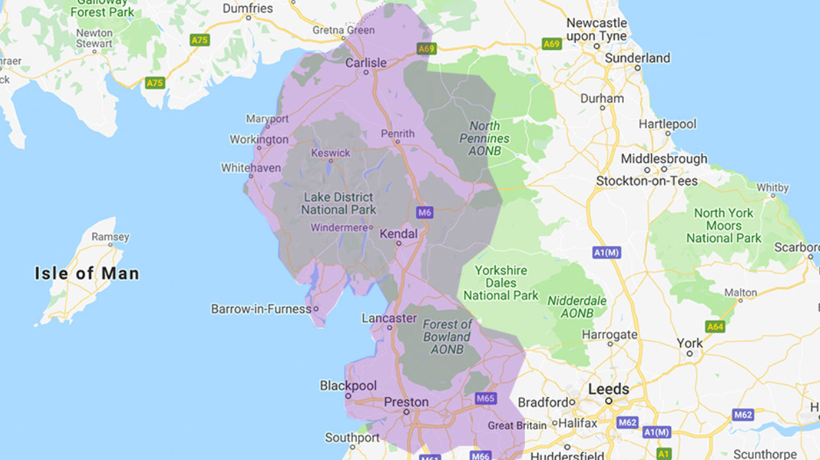Lancashire, Calderdale & Cumbria region map