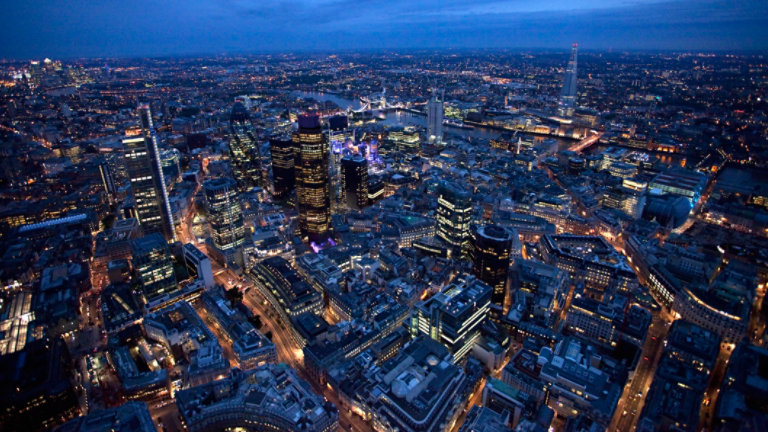 Aerial view of the city of london at night