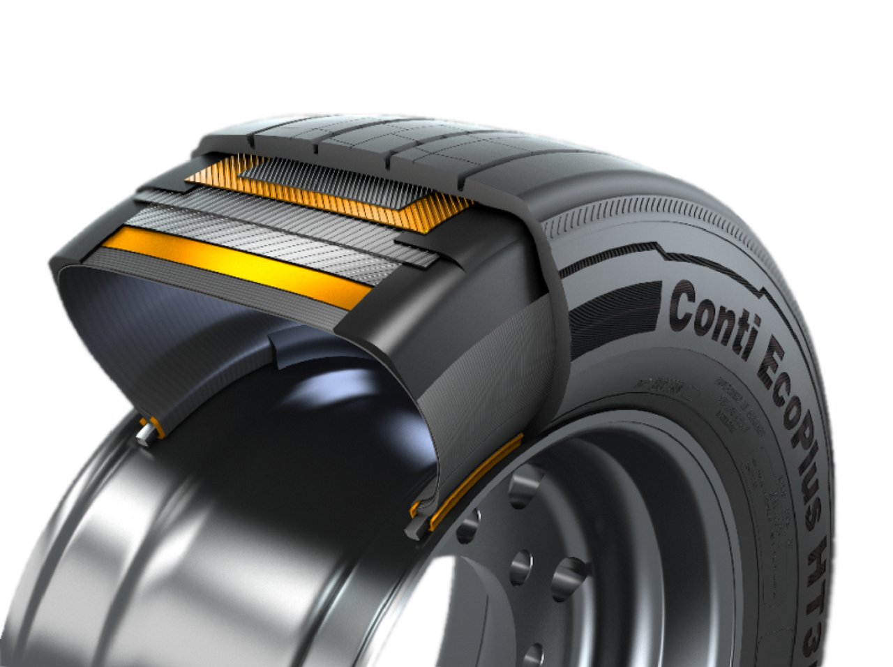 Cutaway view of Continental’s 3G truck tire casing showing layered steel belts and reinforcement for durability and retreadability.