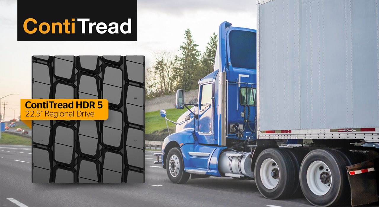 A blue semi‑truck with a white trailer drives down a highway, while a close‑up of a rugged tire tread pattern appears beside it with the branding “ContiTread HDR 5, 22.5-inch Regional Drive.”