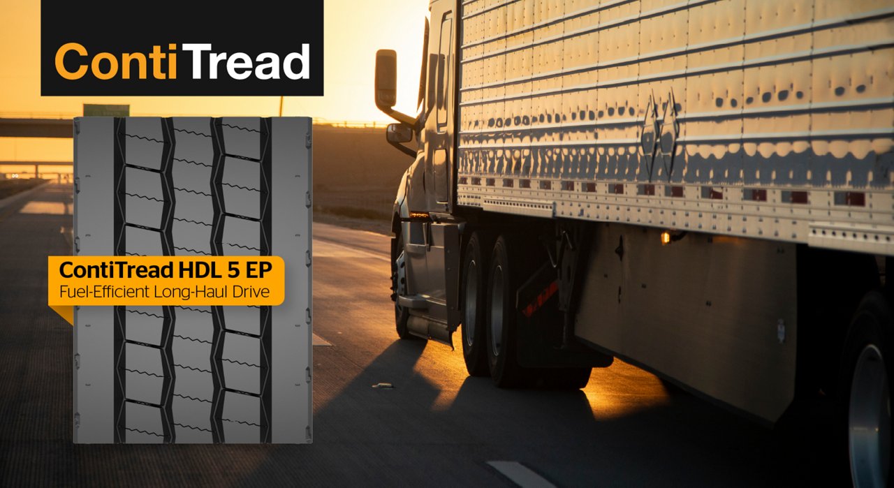 ContiTread HDL 5 EP fuel-efficient long-haul drive tire displayed beside a semi-truck traveling on a highway at sunset.