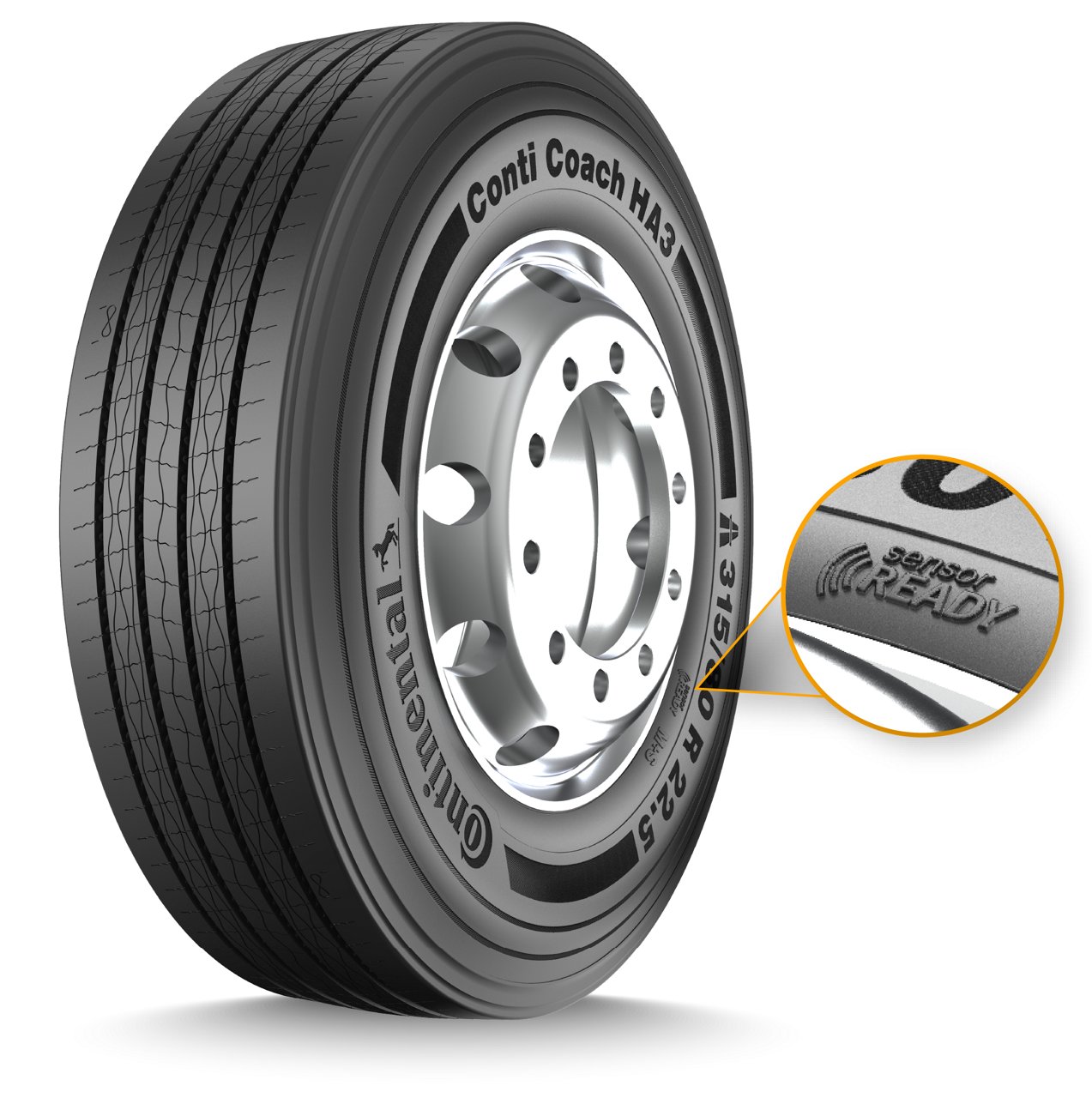 Conti Coach HA3 three quarter turn image with zoomed in icon of the Sensor Ready logo on the sidewall. 