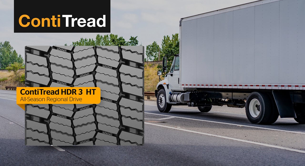 Promotional graphic for the ContiTread HDR 3 HT retread. A close-up image of the HDR 3 HT tread pattern is displayed in the foreground with a yellow banner reading “ContiTread HDR 3 HT” and “All-Season Regional Drive.” In the background, a white medium-duty box truck is parked on a roadway with trees and grassy vegetation along the roadside. The ContiTread logo appears in the upper left corner.