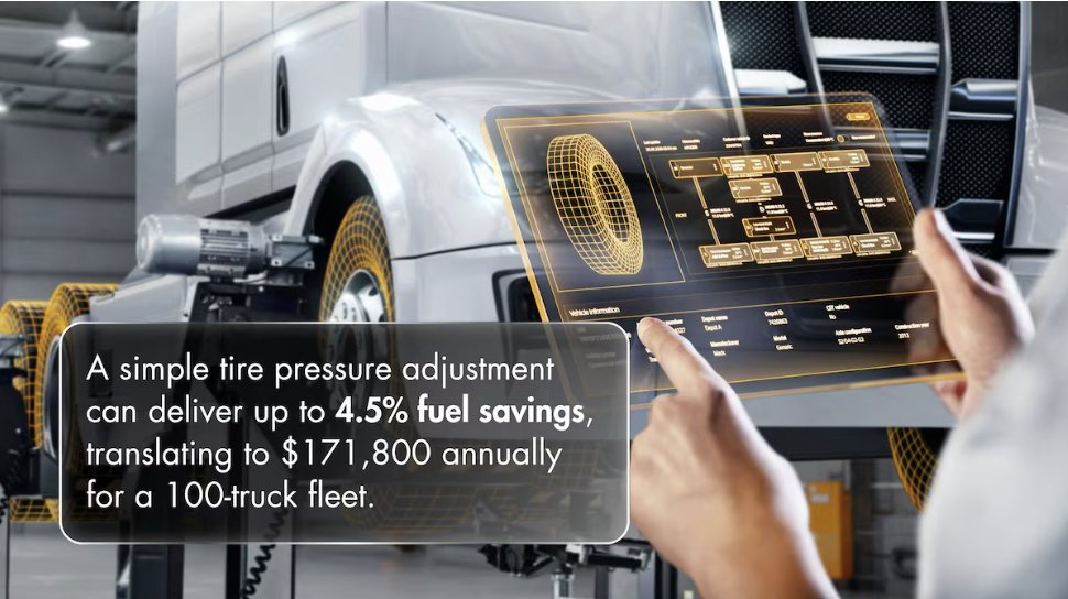 A technician uses a transparent digital interface to monitor tire data on a semi-truck in a maintenance facility. The truck is shown with highlighted tire components and diagnostic graphics, while an overlay message states: “A simple tire pressure adjustment can deliver up to 4.5% fuel savings, translating to $171,800 annually for a 100-truck fleet.”
