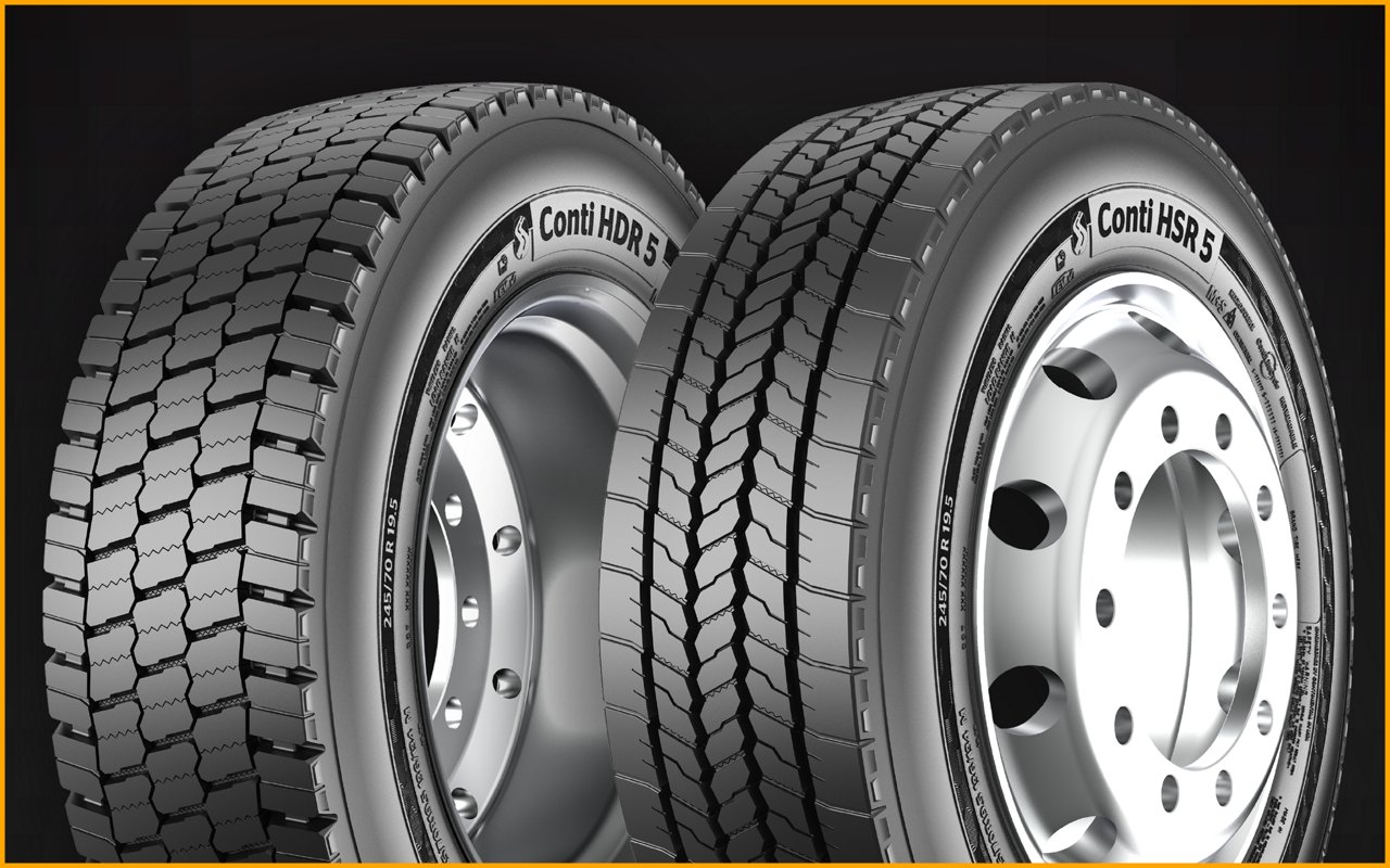 Two mounted commercial truck tires labeled "Conti HDR 5" and "Conti HSR 5," both sized 245/70 R 19.5. The HDR 5 tire on the left features a blocky, zigzag tread pattern for drive axle use, while the HSR 5 tire on the right has a straighter, ribbed tread design for steer axle applications.