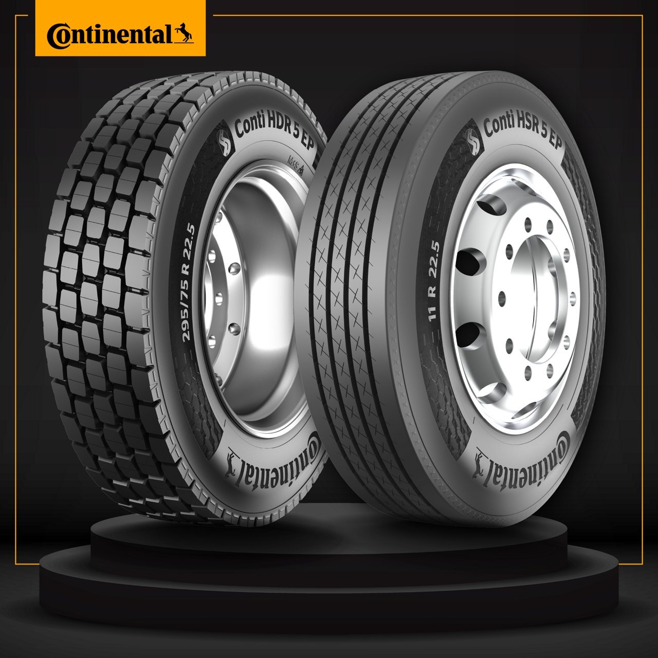 Two Continental truck tires on a display stand, featuring drive and steer tread designs, against a black background with the Continental logo.