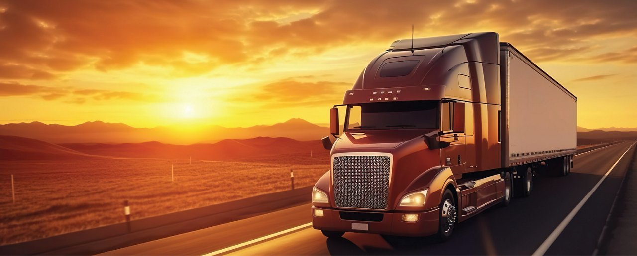 Red semi-truck with trailer driving on open highway at sunset, ideal for long-haul trucking and commercial freight transport.