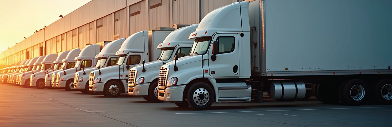 A row of white semi-trucks with trailers parked in front of a large warehouse at sunset, aligned neatly and bathed in warm sunlight.