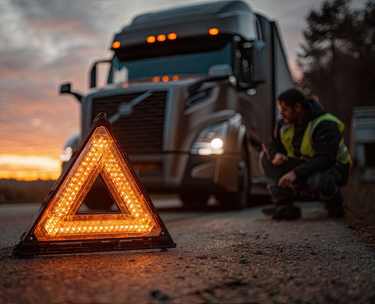 Illuminated warning triangle placed on the road in front of a large truck during roadside assistance at sunset.