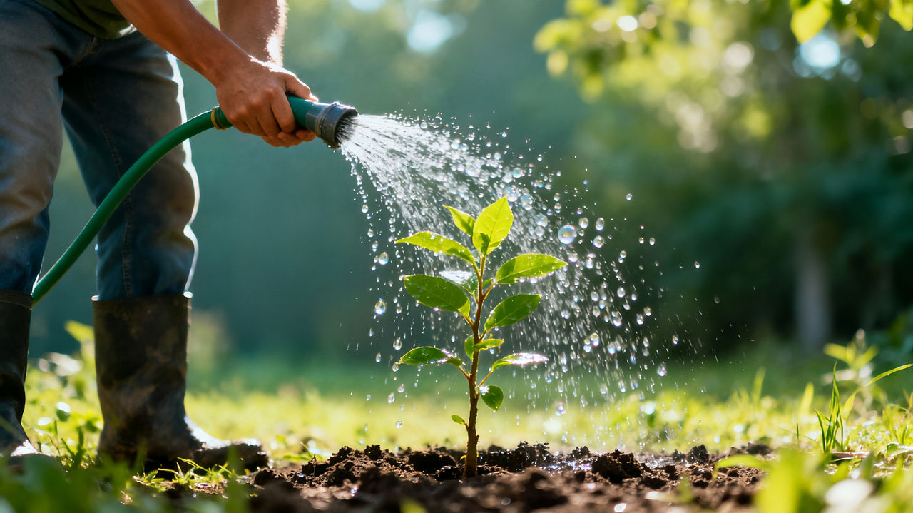 Low-angle shot of a person in boots watering a freshly planted green sapling with a hose, creating a spray of glistening water droplets in the sunny garden.; Shutterstock ID 2699049417; purchase_order: -; job: -; client: -; other: