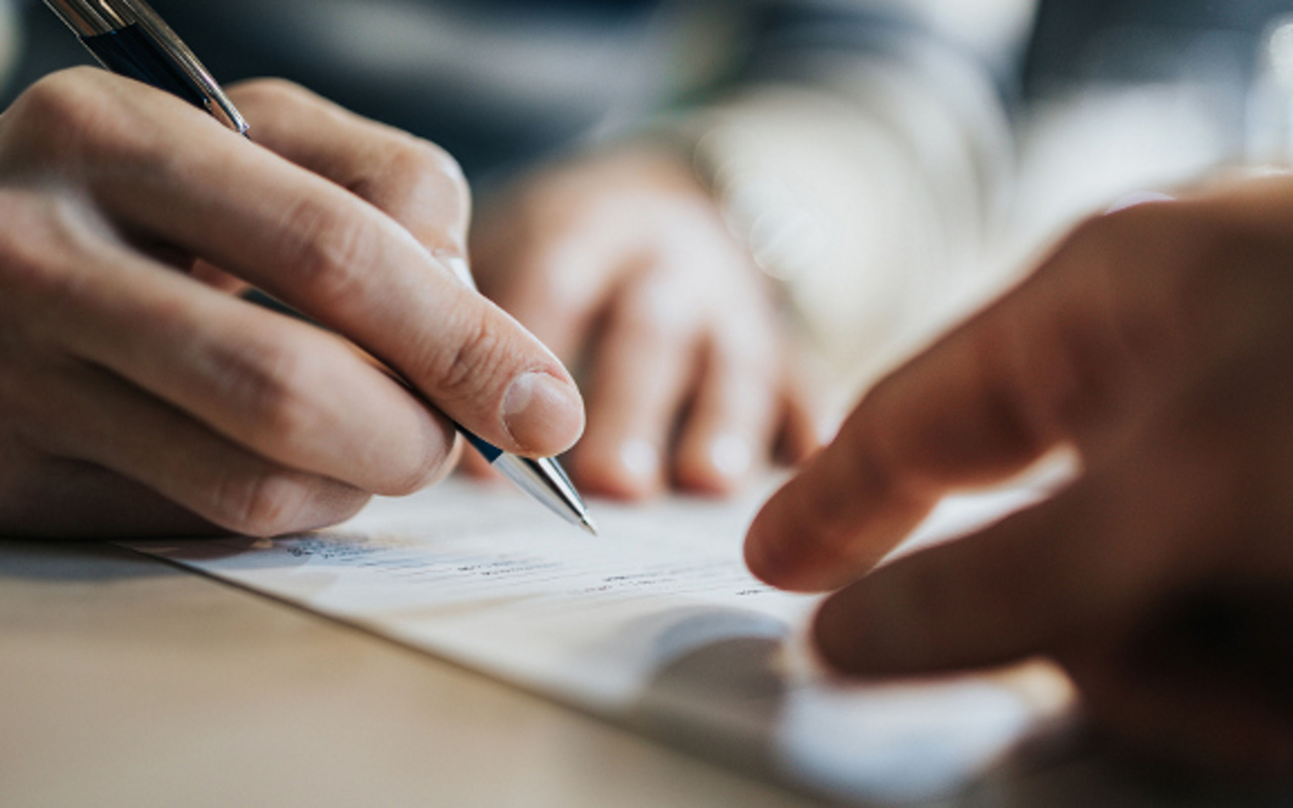 Close up of unrecognizable man signing a contract while financial advisor is aiming at the place he need to sign. (Close up of unrecognizable man signing a contract while financial advisor is aiming at the place he need to sign., ASCII, 114 components