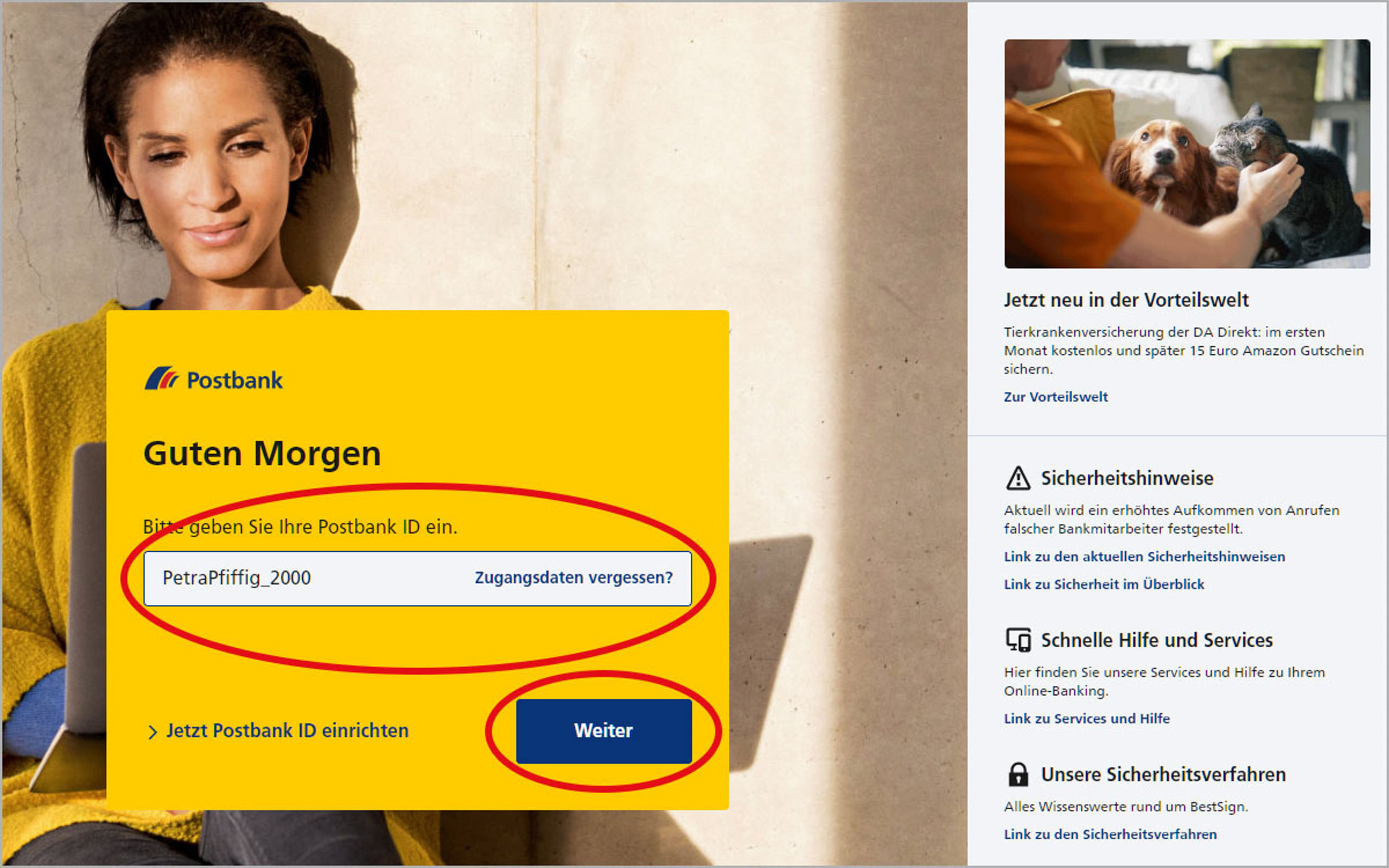 Ein Screenshot der Login-Maske zum Postbank Online-Banking