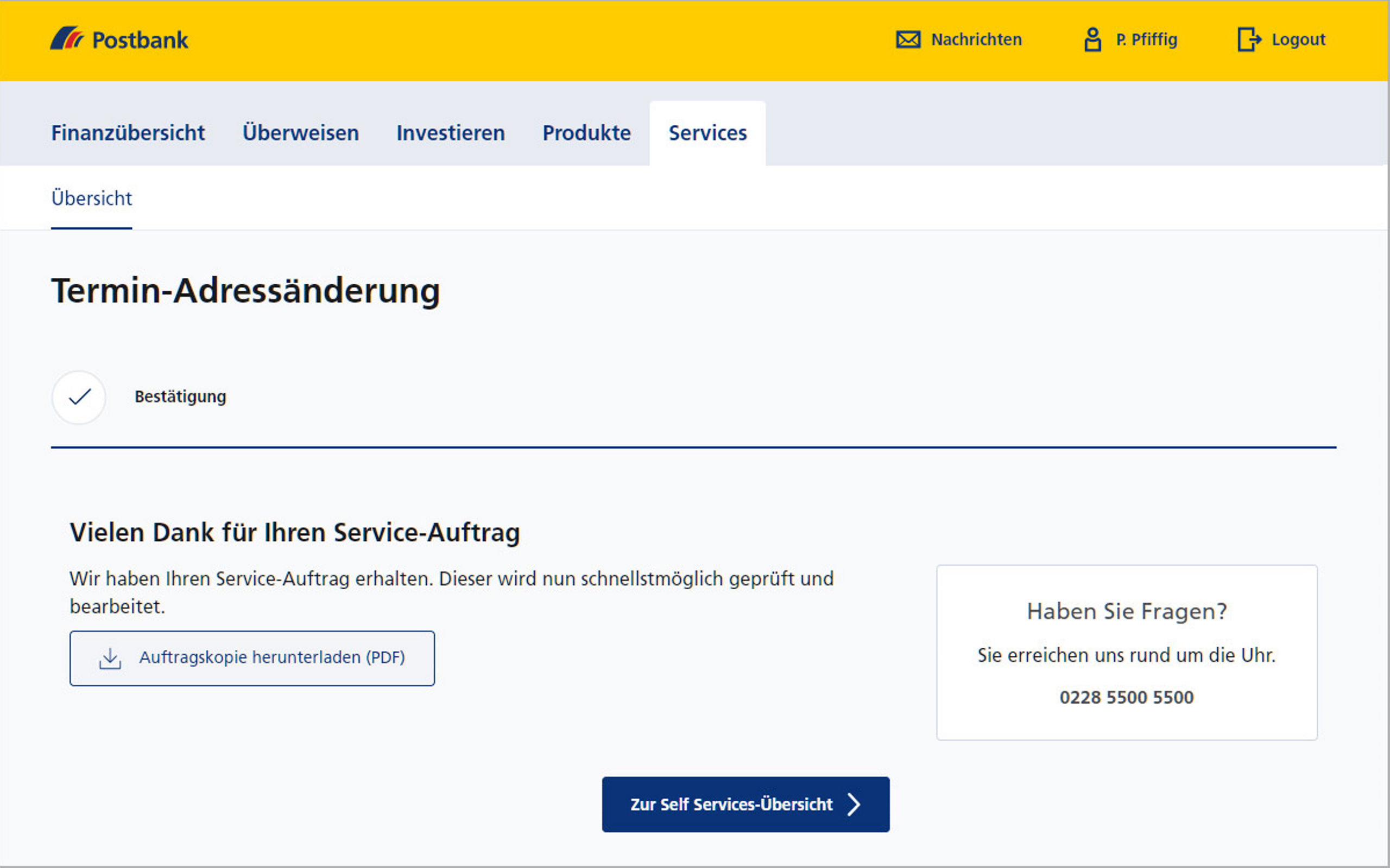 Screenshot vom Postbank Online-Banking zum Ändern der Adresse zum Wunschtermin