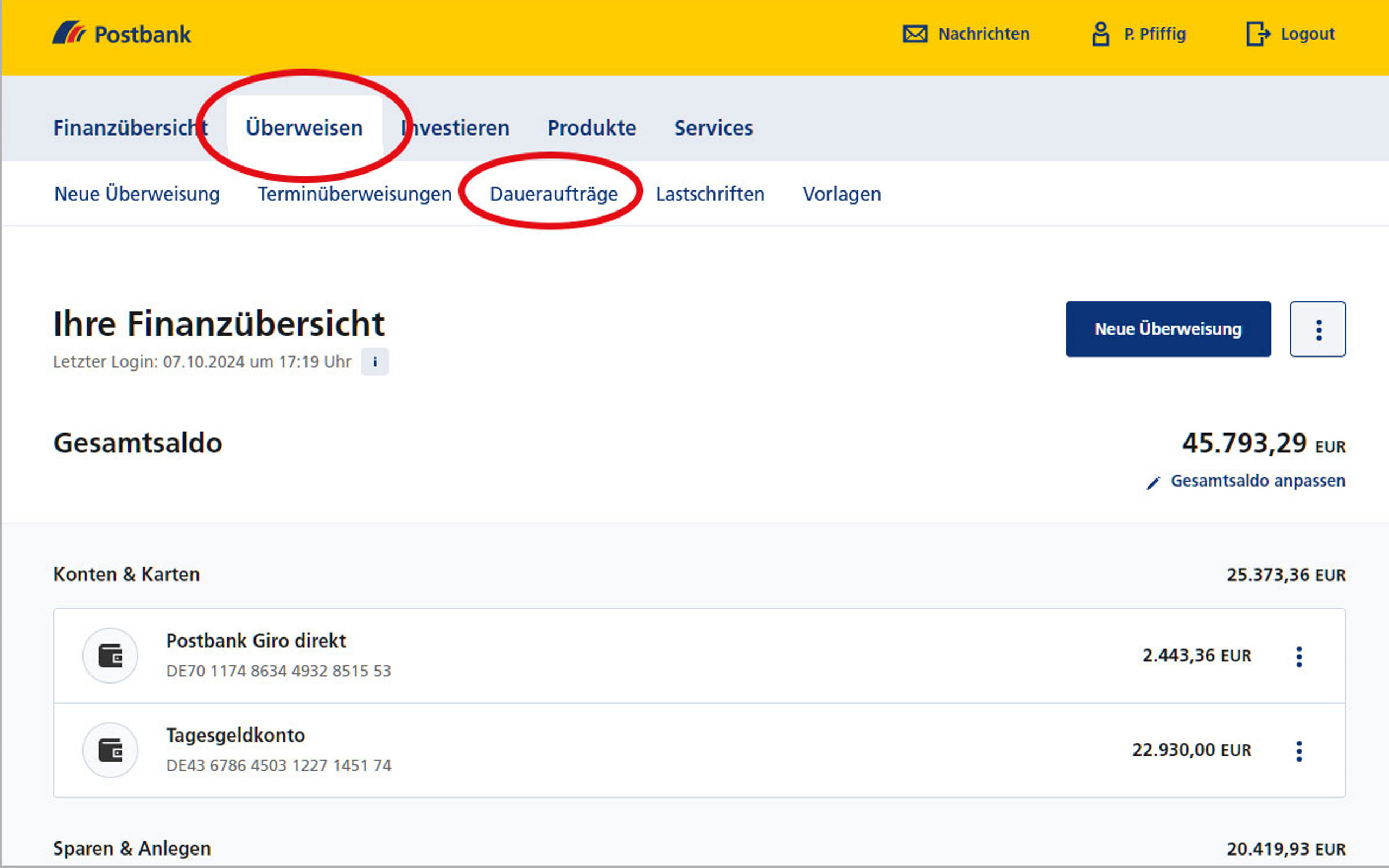 Screenshot vom Postbank Online-Banking zum Anlegen und Ändern von Daueraufträgen