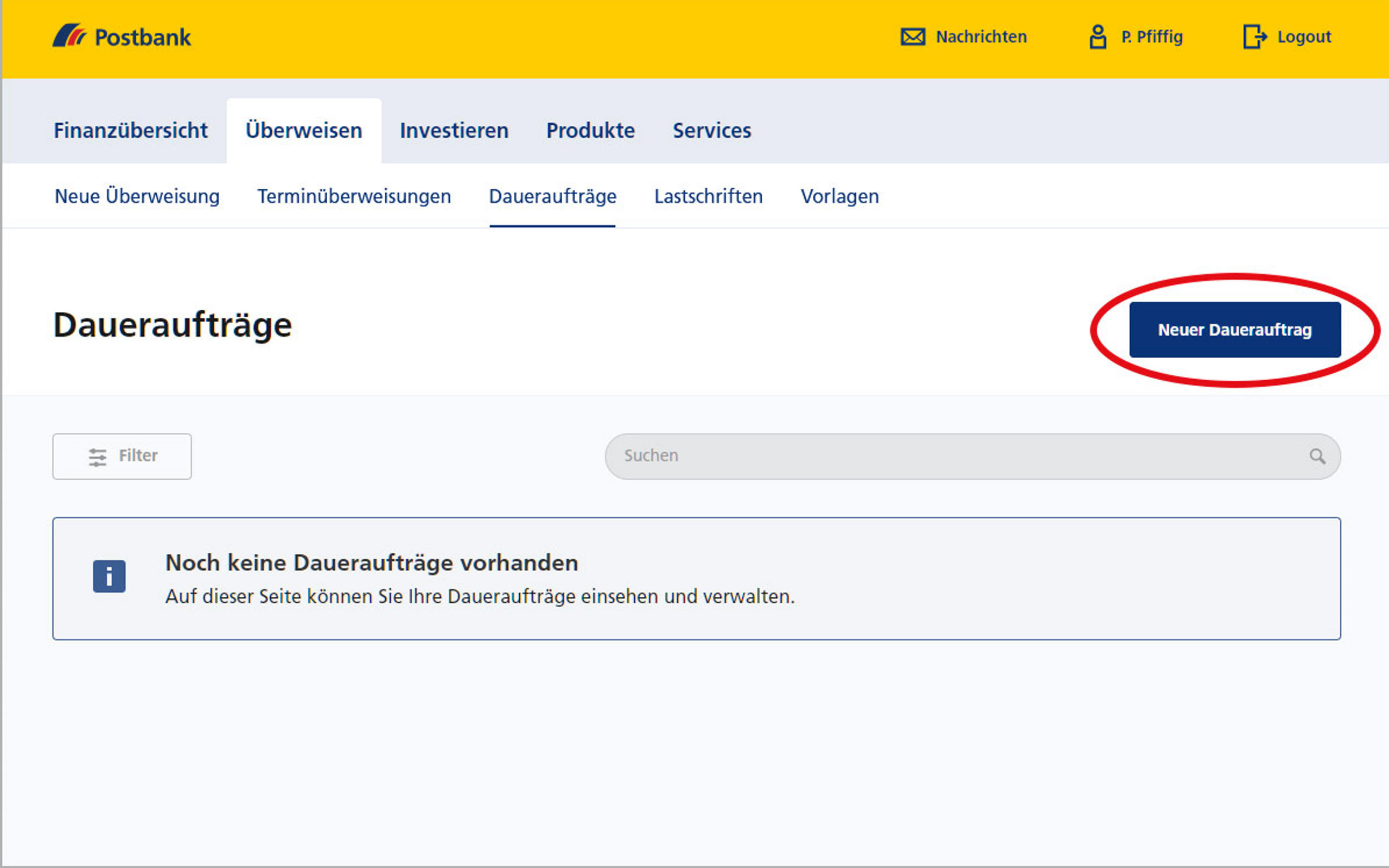 Screenshot vom Postbank Online-Banking zum Anlegen und Ändern von Daueraufträgen