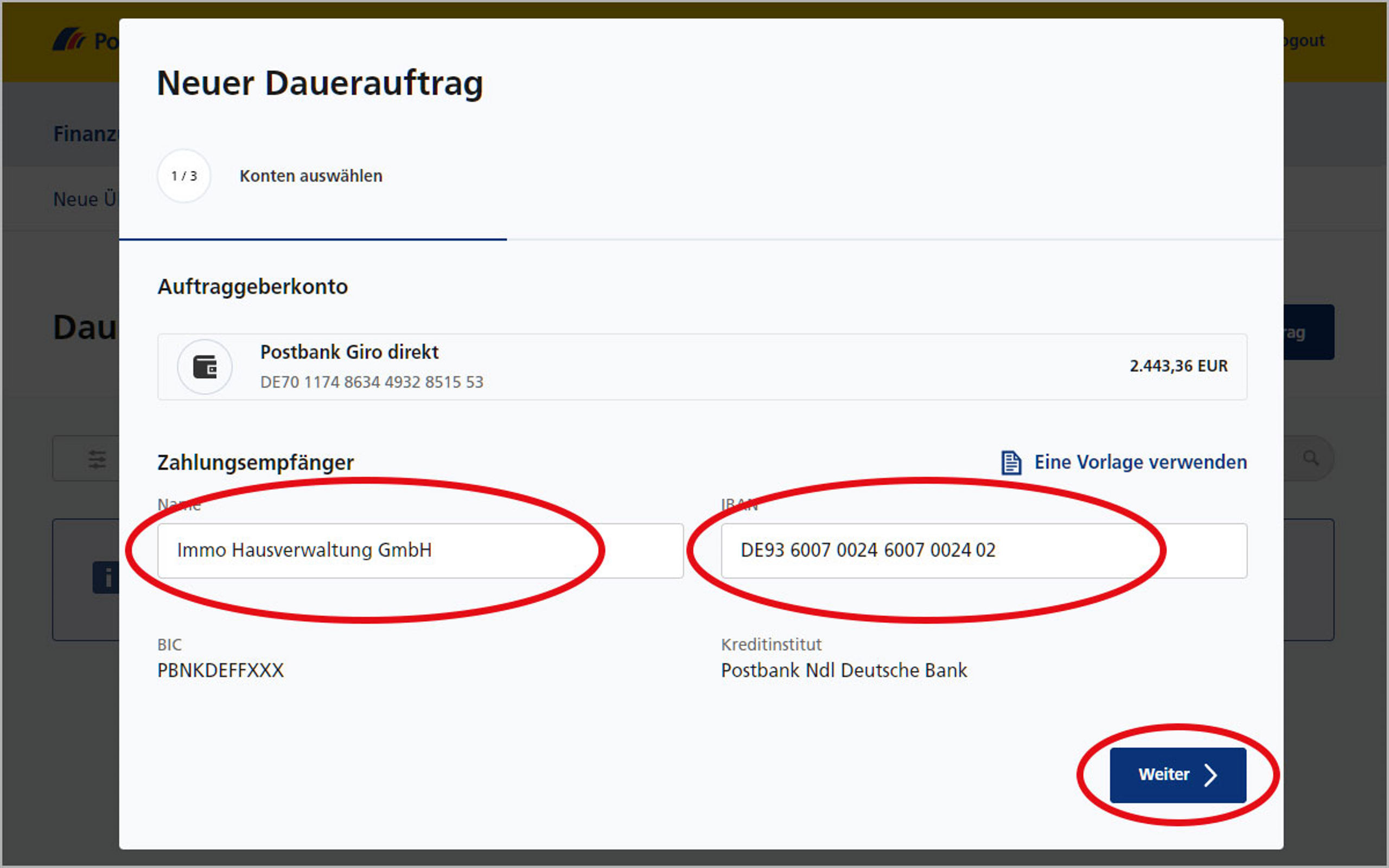 Screenshot vom Postbank Online-Banking zum Anlegen und Ändern von Daueraufträgen