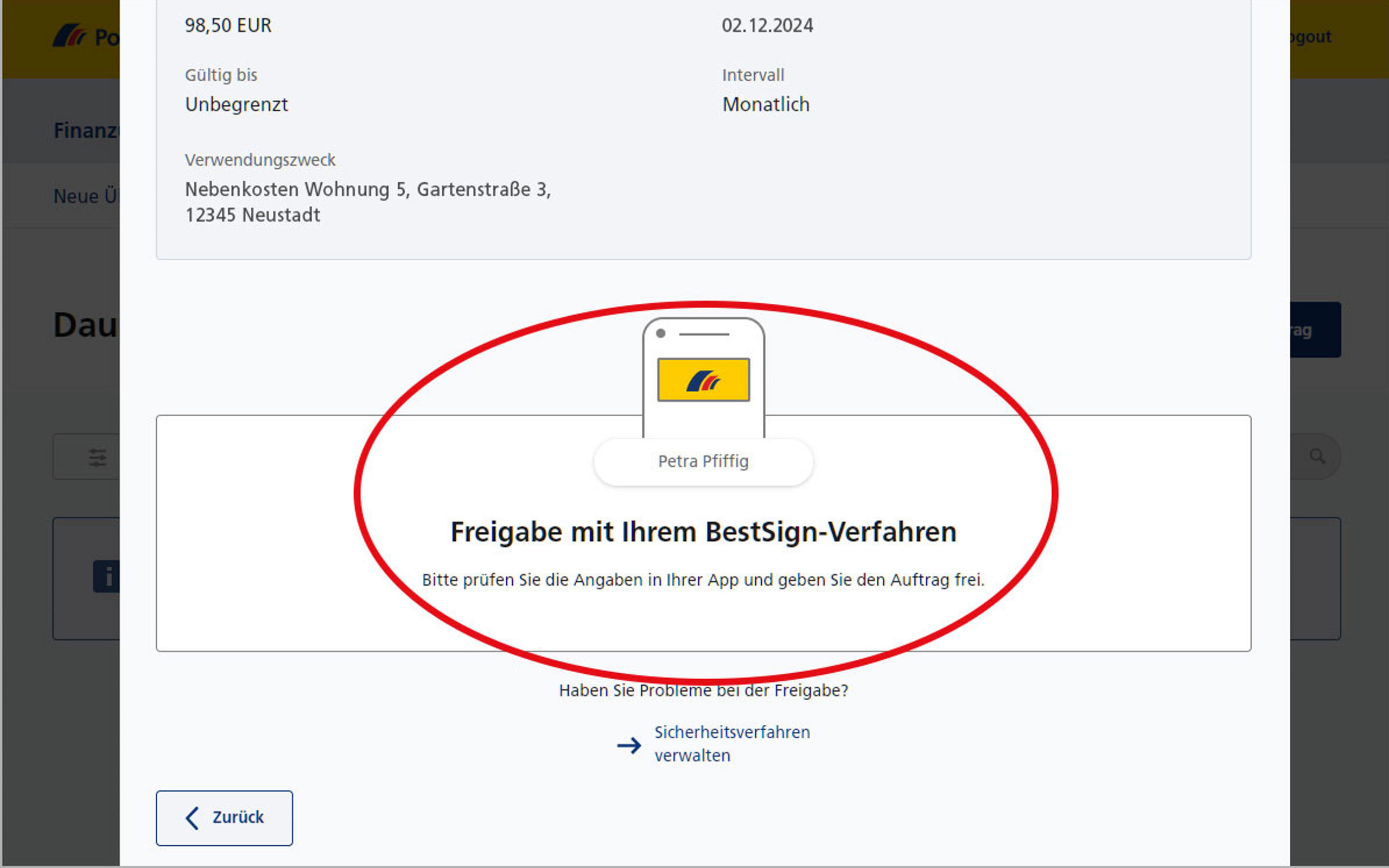 Screenshot vom Postbank Online-Banking zum Anlegen und Ändern von Daueraufträgen