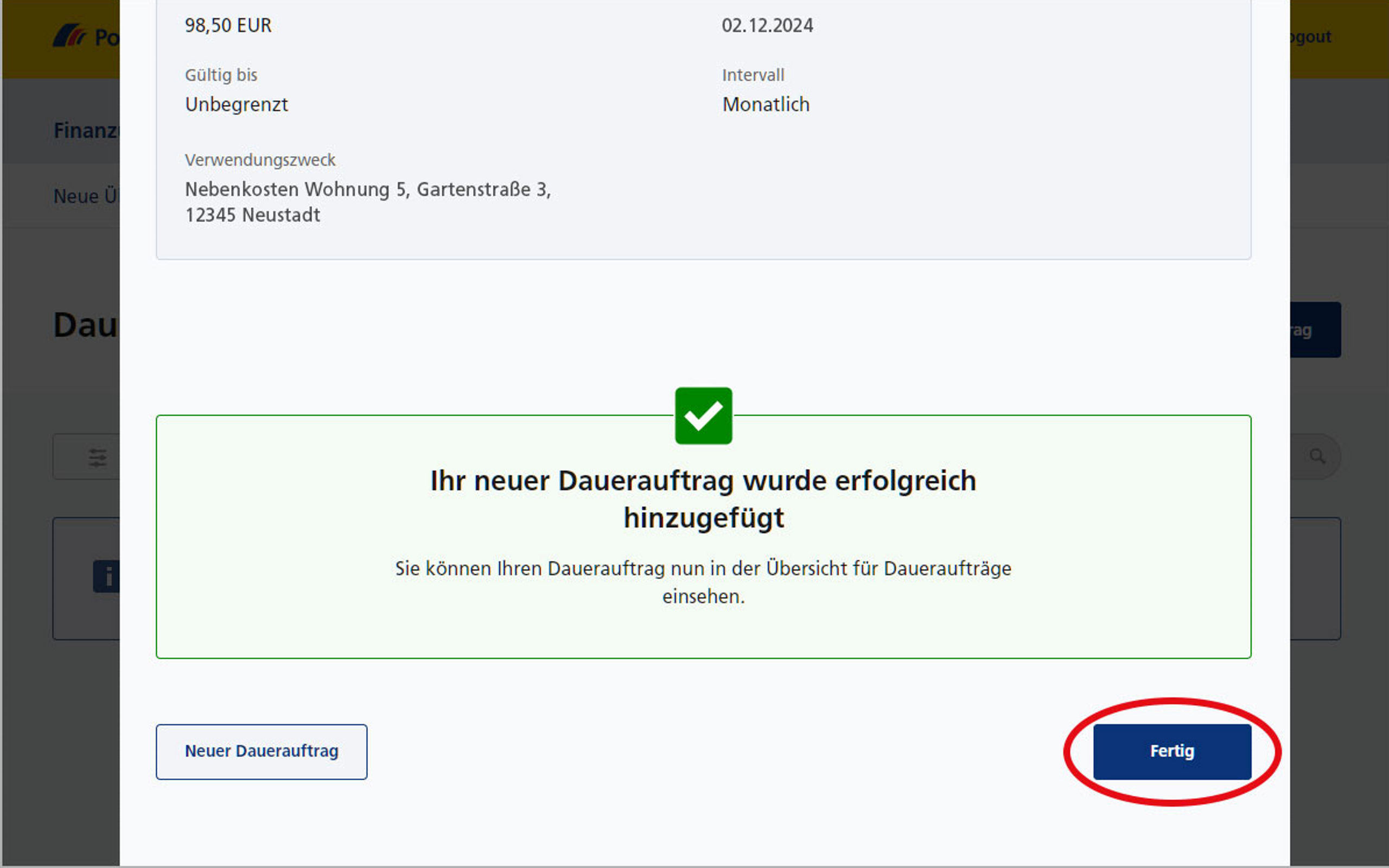 Screenshot vom Postbank Online-Banking zum Anlegen und Ändern von Daueraufträgen