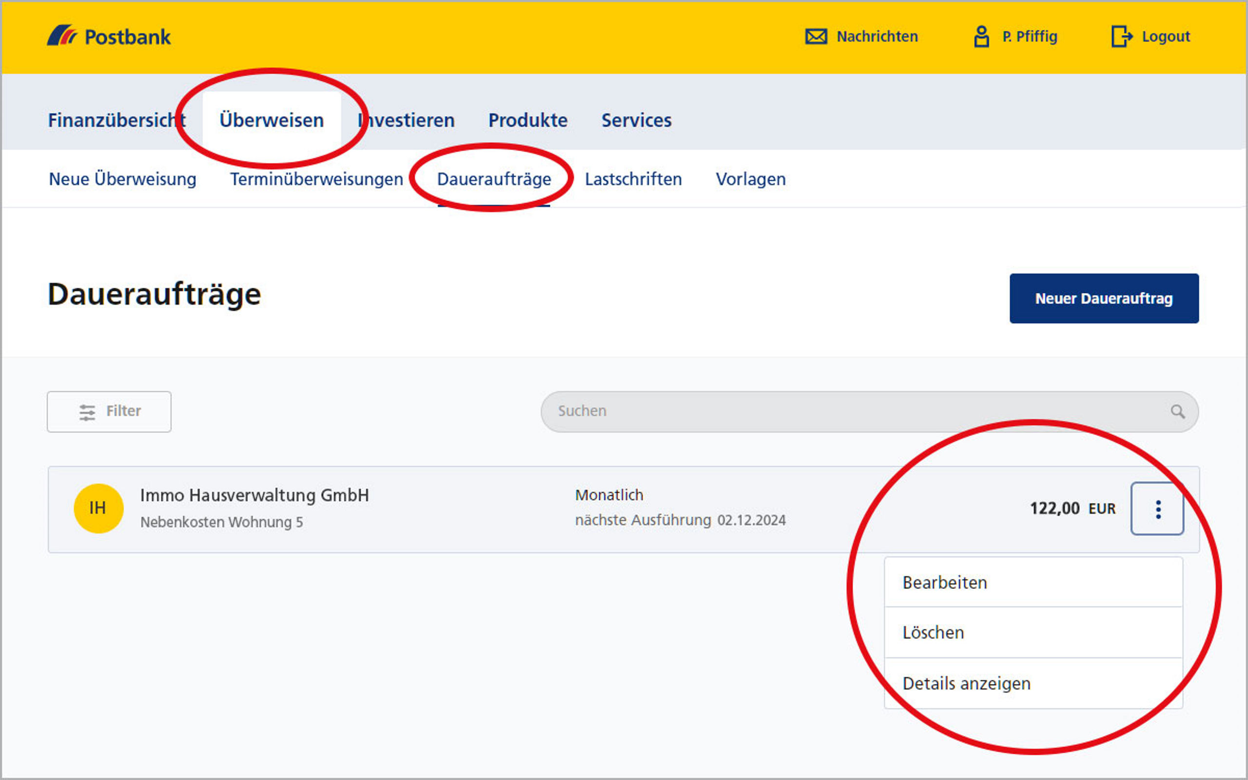 Screenshot vom Postbank Online-Banking zum Anlegen und Ändern von Daueraufträgen