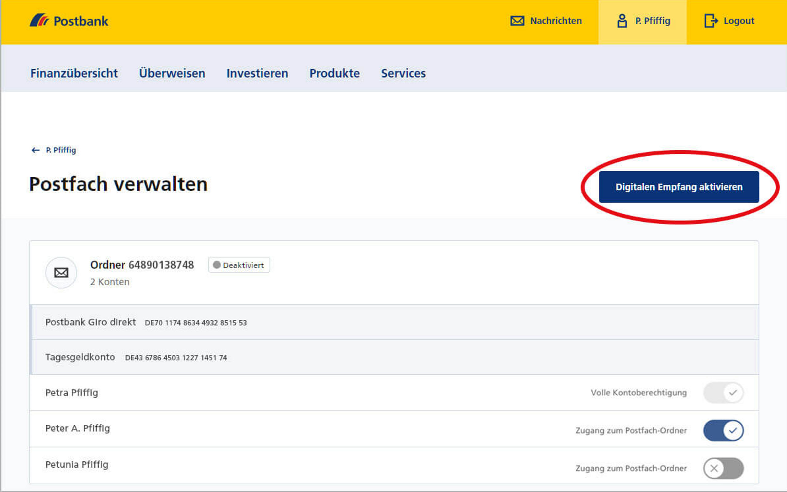 Screenshot vom Postbank Online-Banking zum Aktivieren der Nachrichtenbox