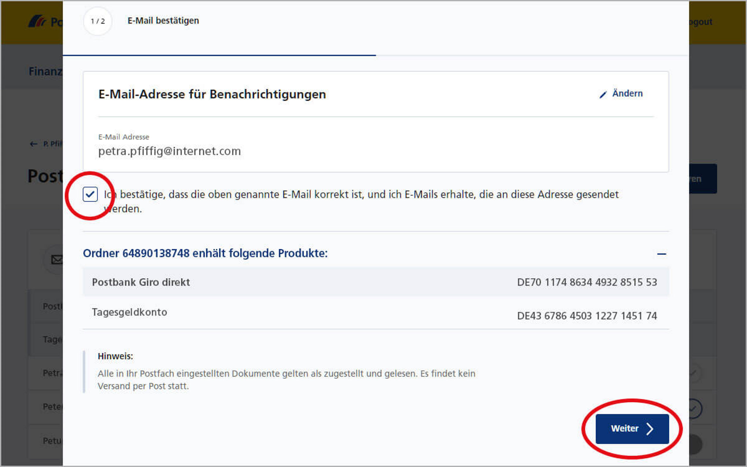 Screenshot vom Postbank Online-Banking zum Aktivieren der Nachrichtenbox