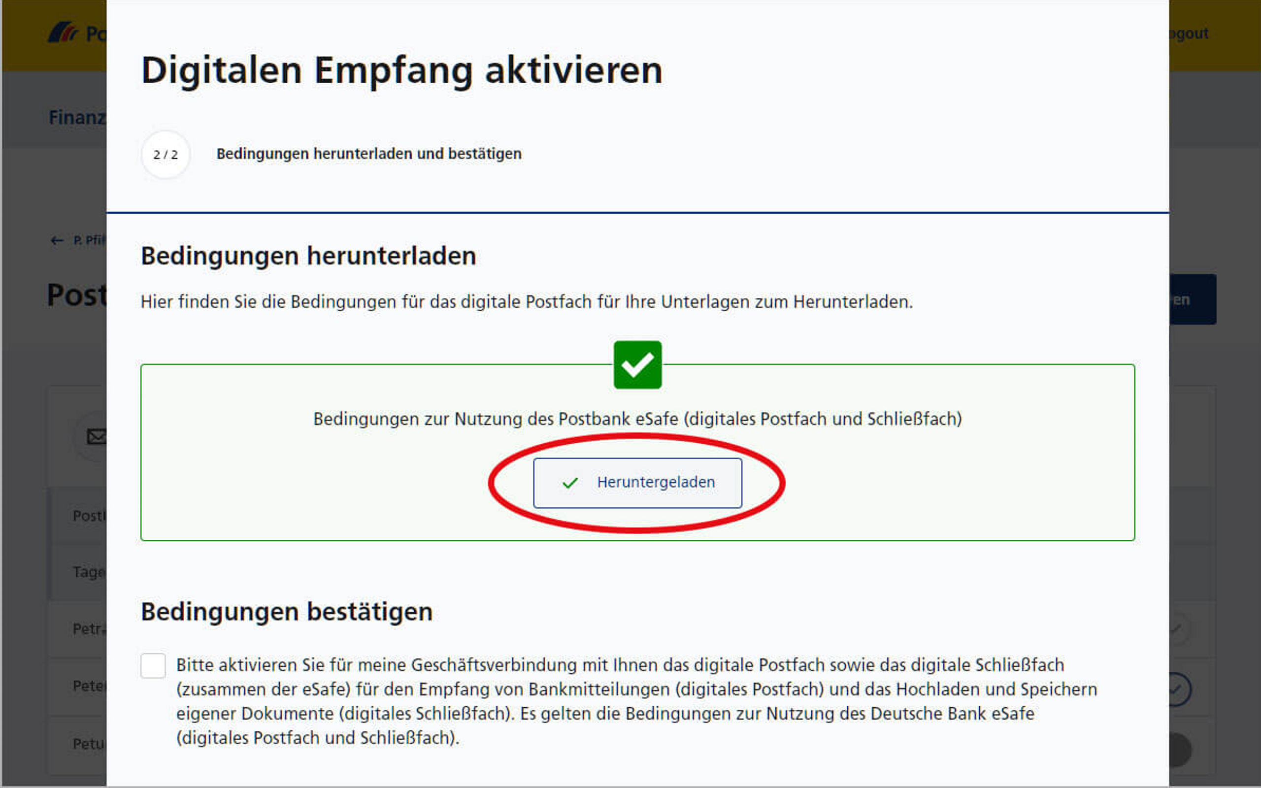 Screenshot vom Postbank Online-Banking zum Aktivieren der Nachrichtenbox