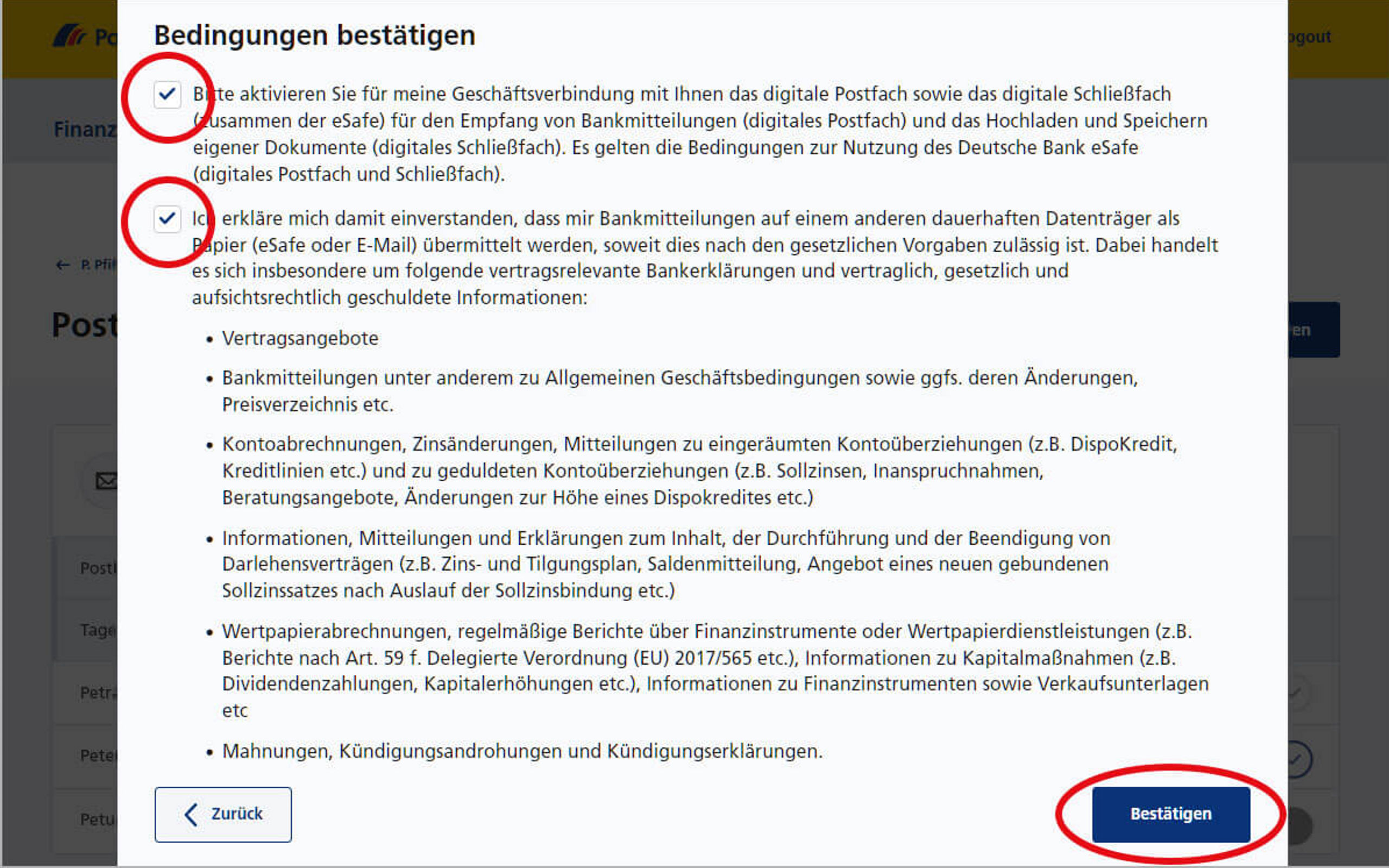 Screenshot vom Postbank Online-Banking zum Aktivieren der Nachrichtenbox