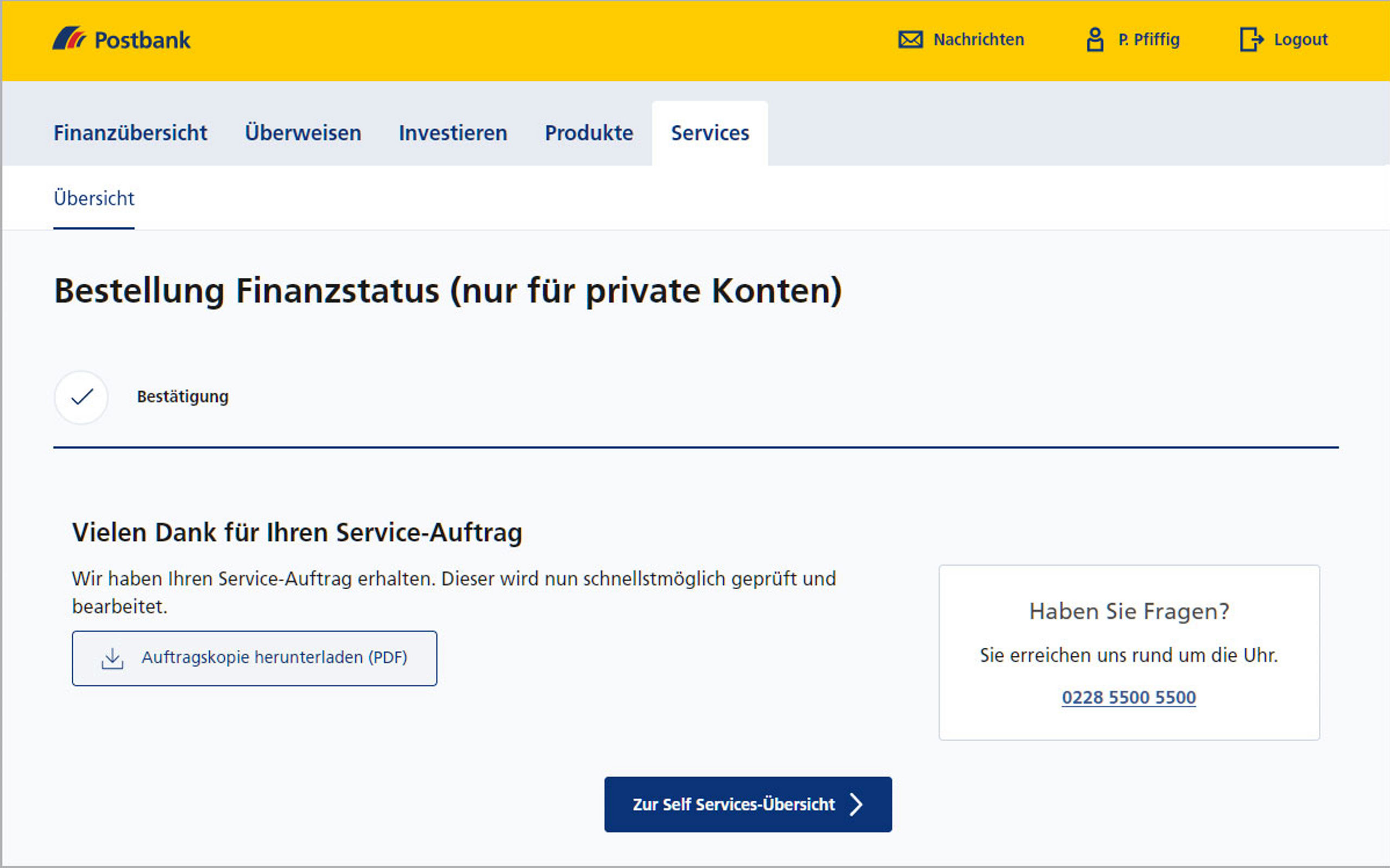 Screenshot vom Postbank Online-Banking zum Verwalten eines Finanzstatus