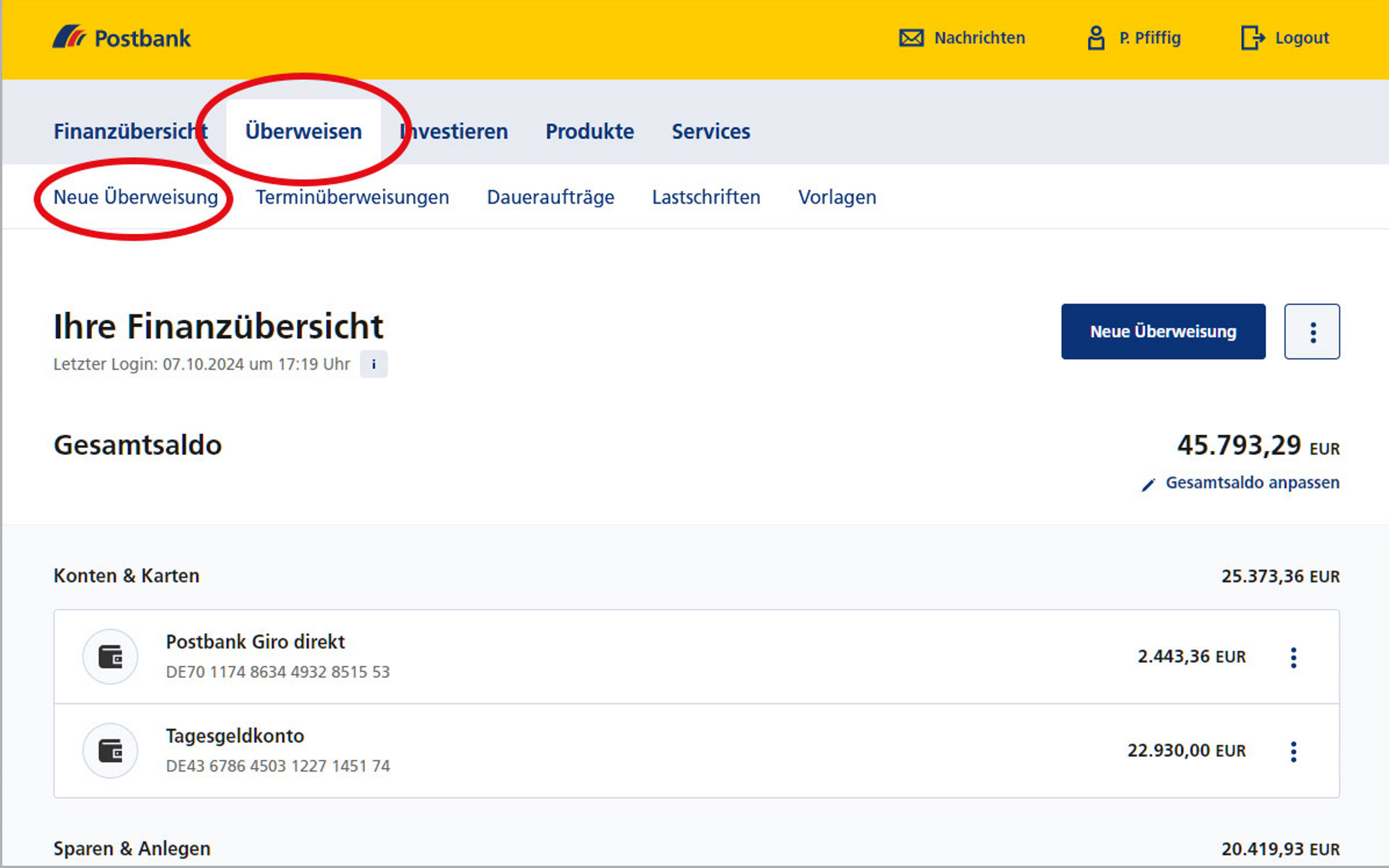 Screenshot vom Postbank Online-Banking zum internen Geldübertrag