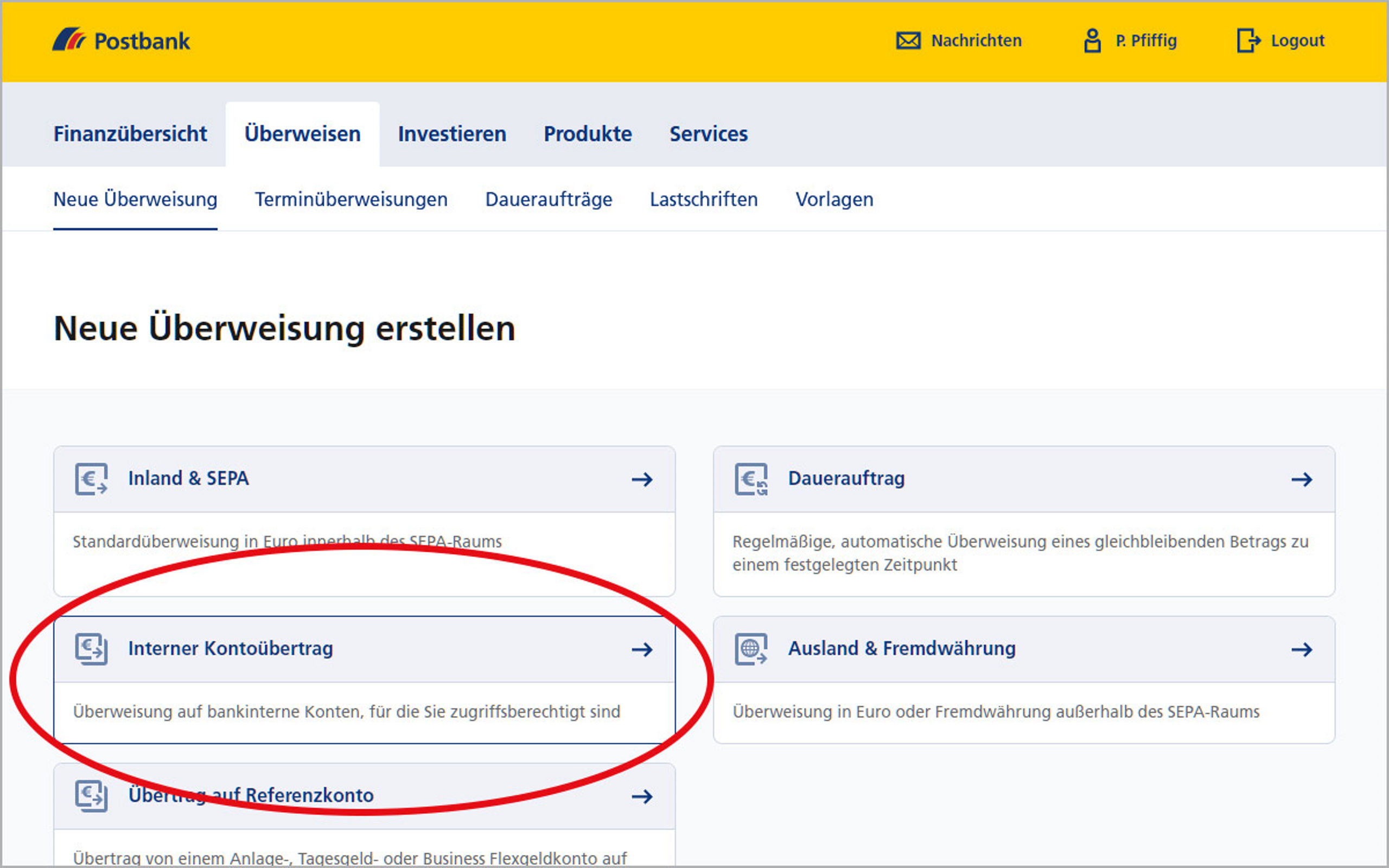 Screenshot vom Postbank Online-Banking zum internen Geldübertrag