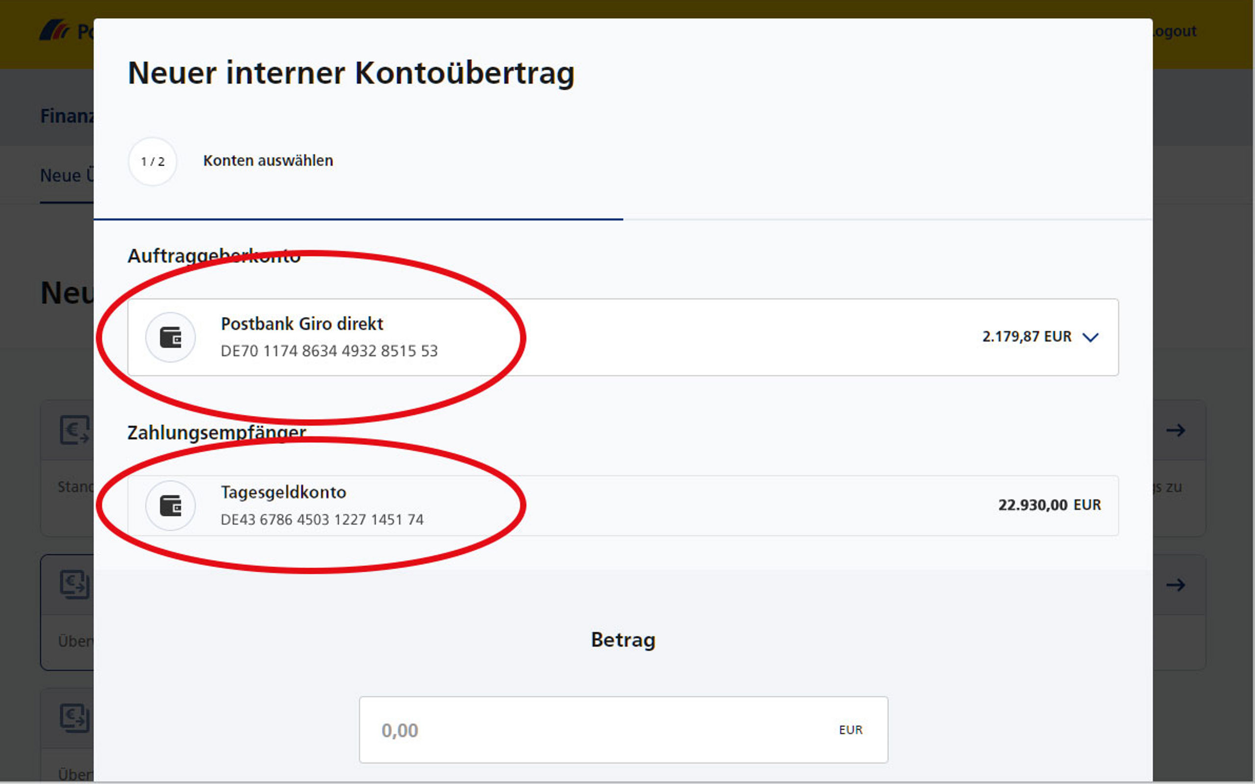 Screenshot vom Postbank Online-Banking zum internen Geldübertrag