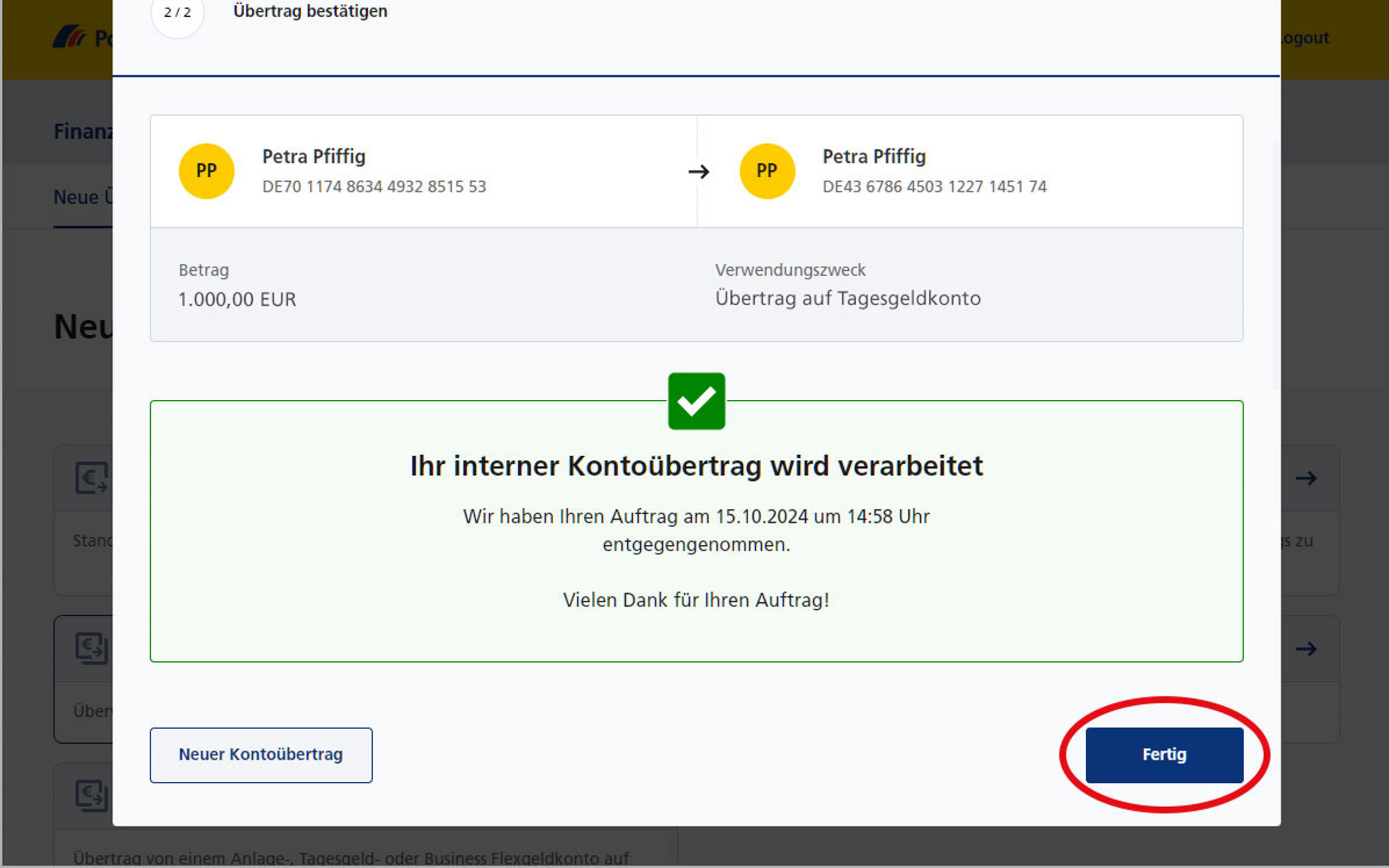 Screenshot vom Postbank Online-Banking zum internen Geldübertrag