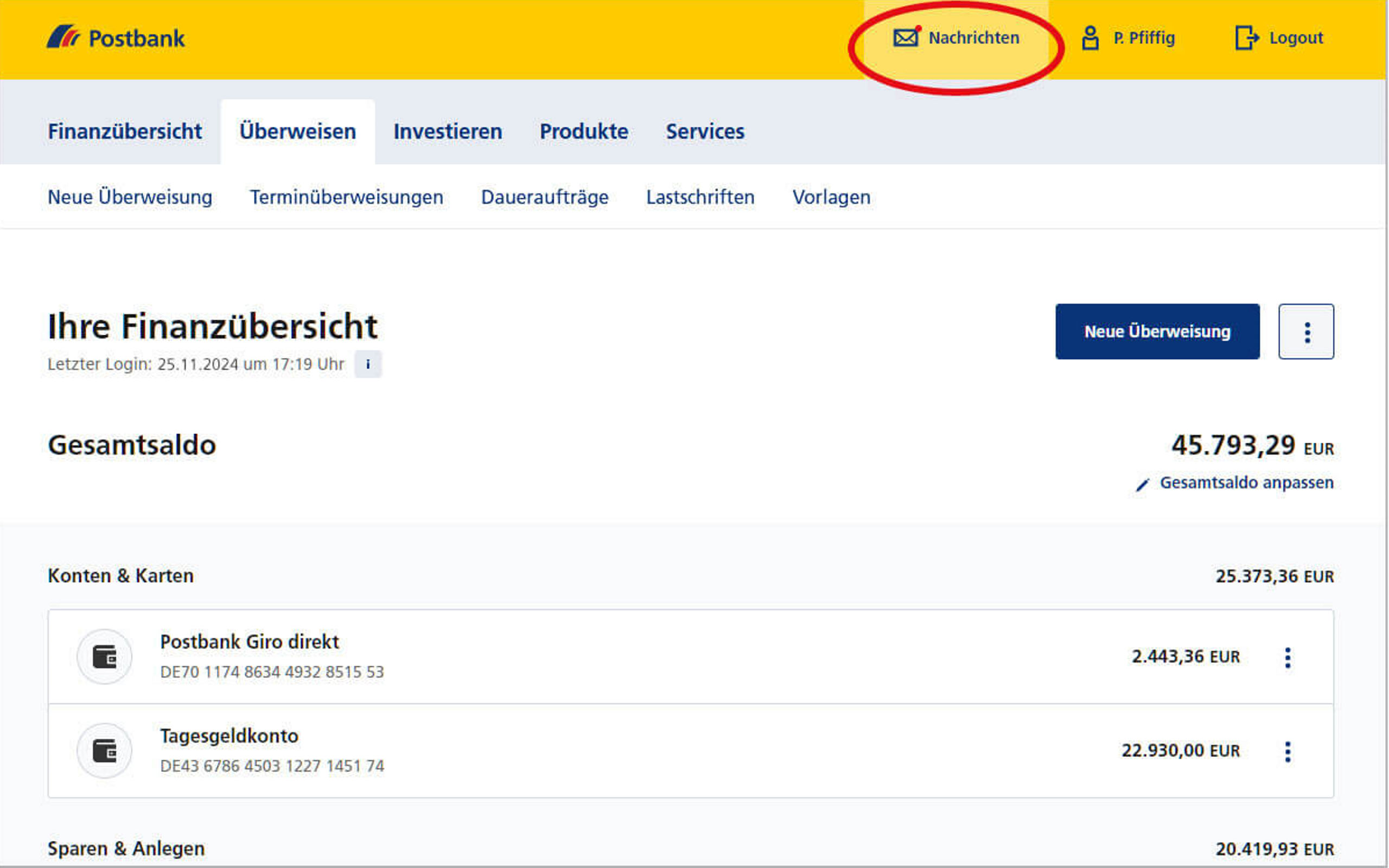 Screenshot vom Postbank Online-Banking zum Herunterladen der Kontoauszüge