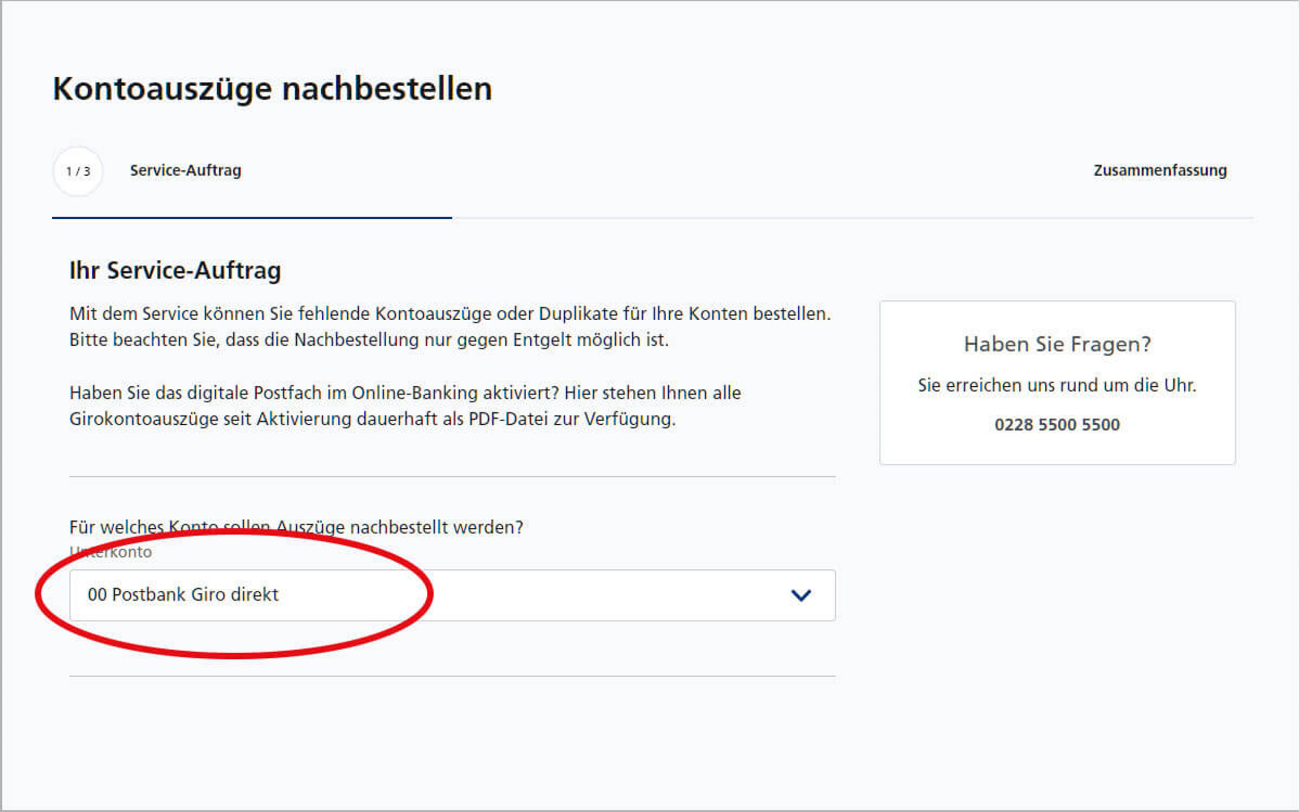 Screenshot vom Postbank Online-Banking zum Nachbestellen der Kontoauszüge